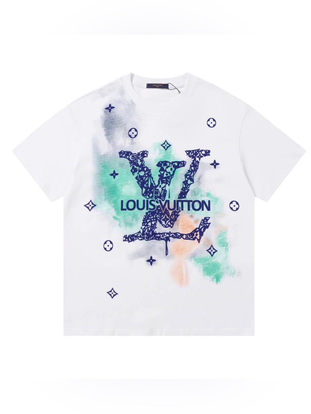 Louis Vuitton White Tee with Navy Logo and Green & Peach Watercolor